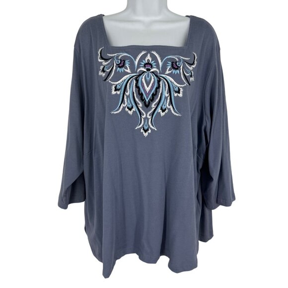 Bob Mackie Womens Embroidered Design Square Neck 3/4 Sleeves Blouse Size 3X - Picture 1 of 13